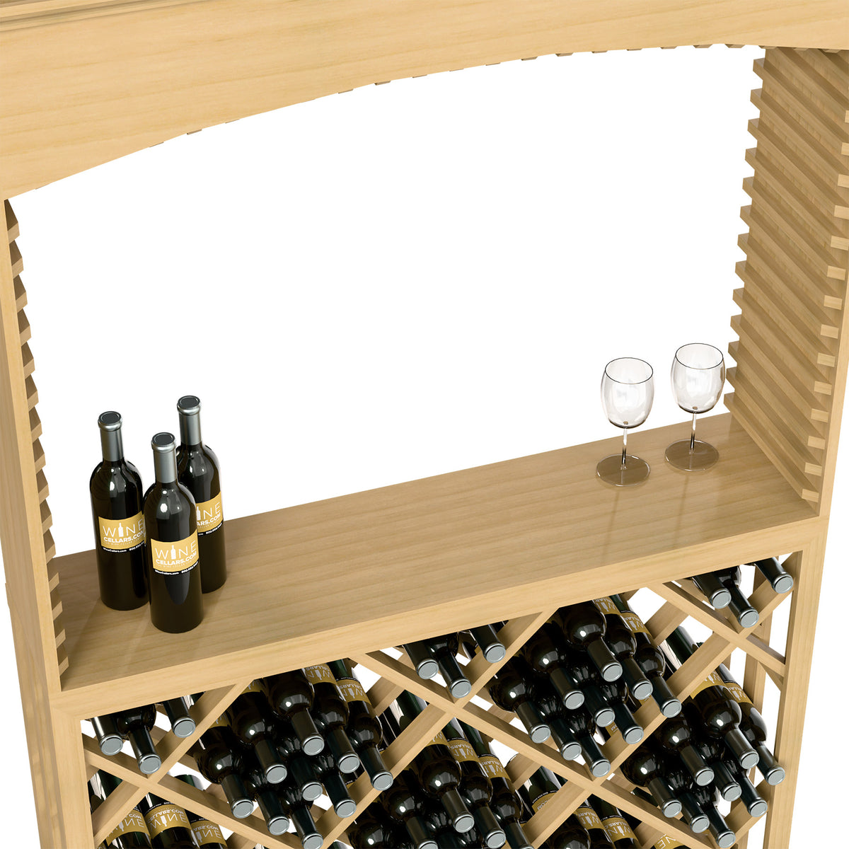 Light wood wine tasting station interior with shelf bottles, stemware, and diamond rack