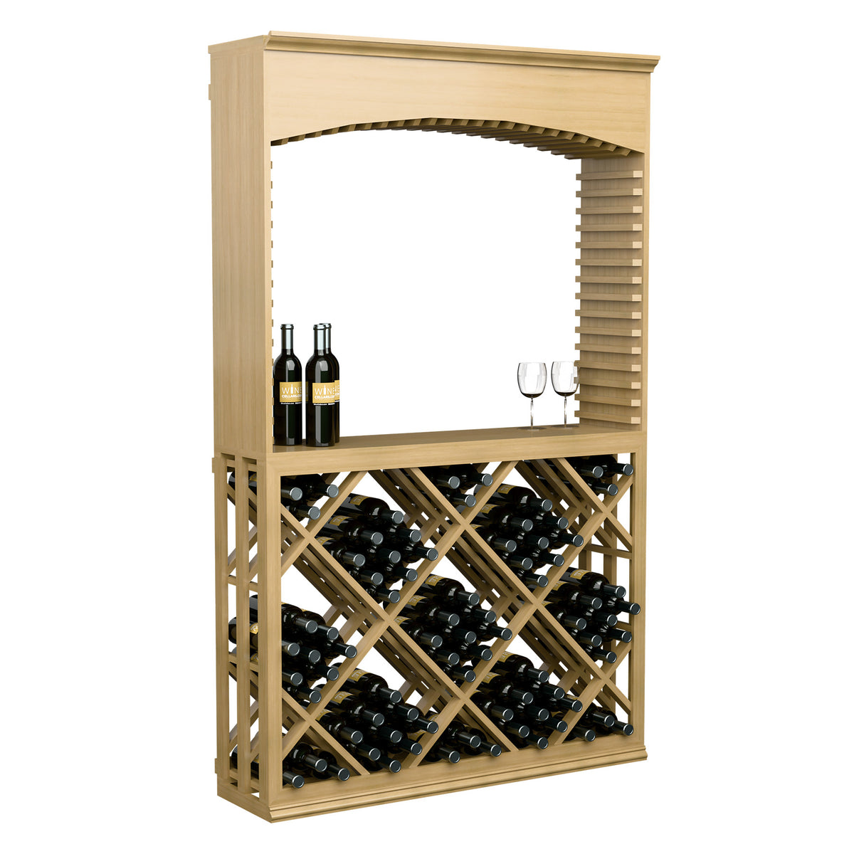 Light wood wine tasting station with arched top, lattice diamond front, bottle slots and glassware