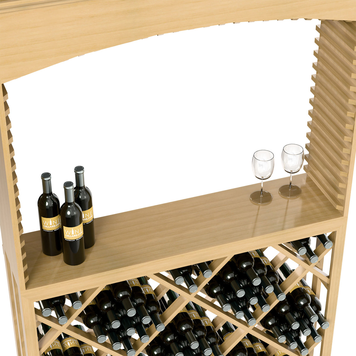 Light wood wine tasting station interior with bottles on shelf and diamond wine bottle storage