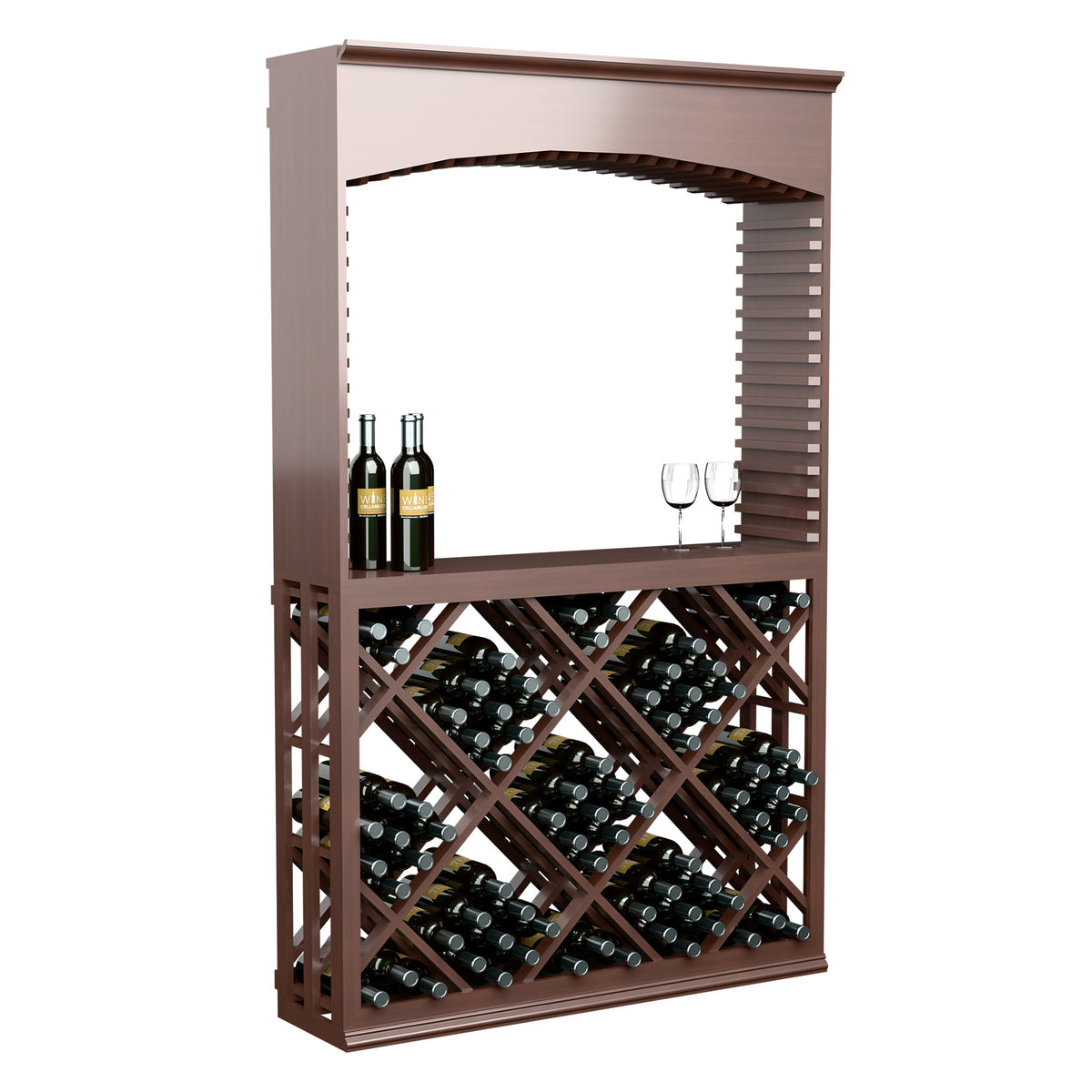 Wood lattice diamond wine bin tasting station with arched top, holds bottles and glasses