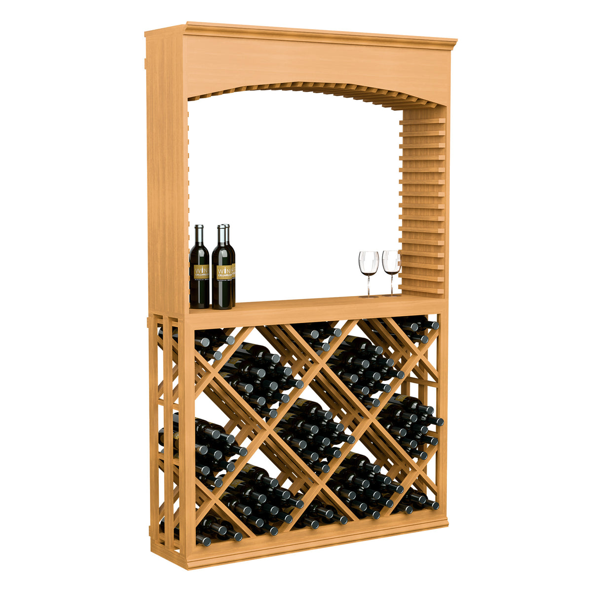 Light wood lattice diamond wine bin tasting station with archway, bottles and glass holders