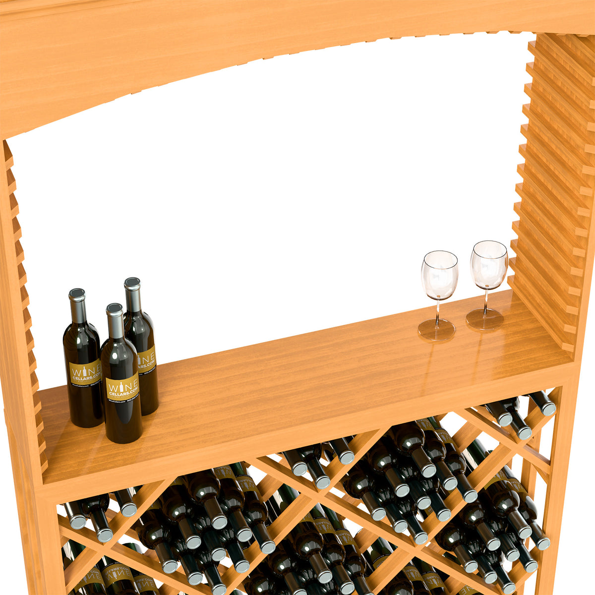 Close-up of light wood tasting station shelf with wine bottles, stemware, and crisscross rack