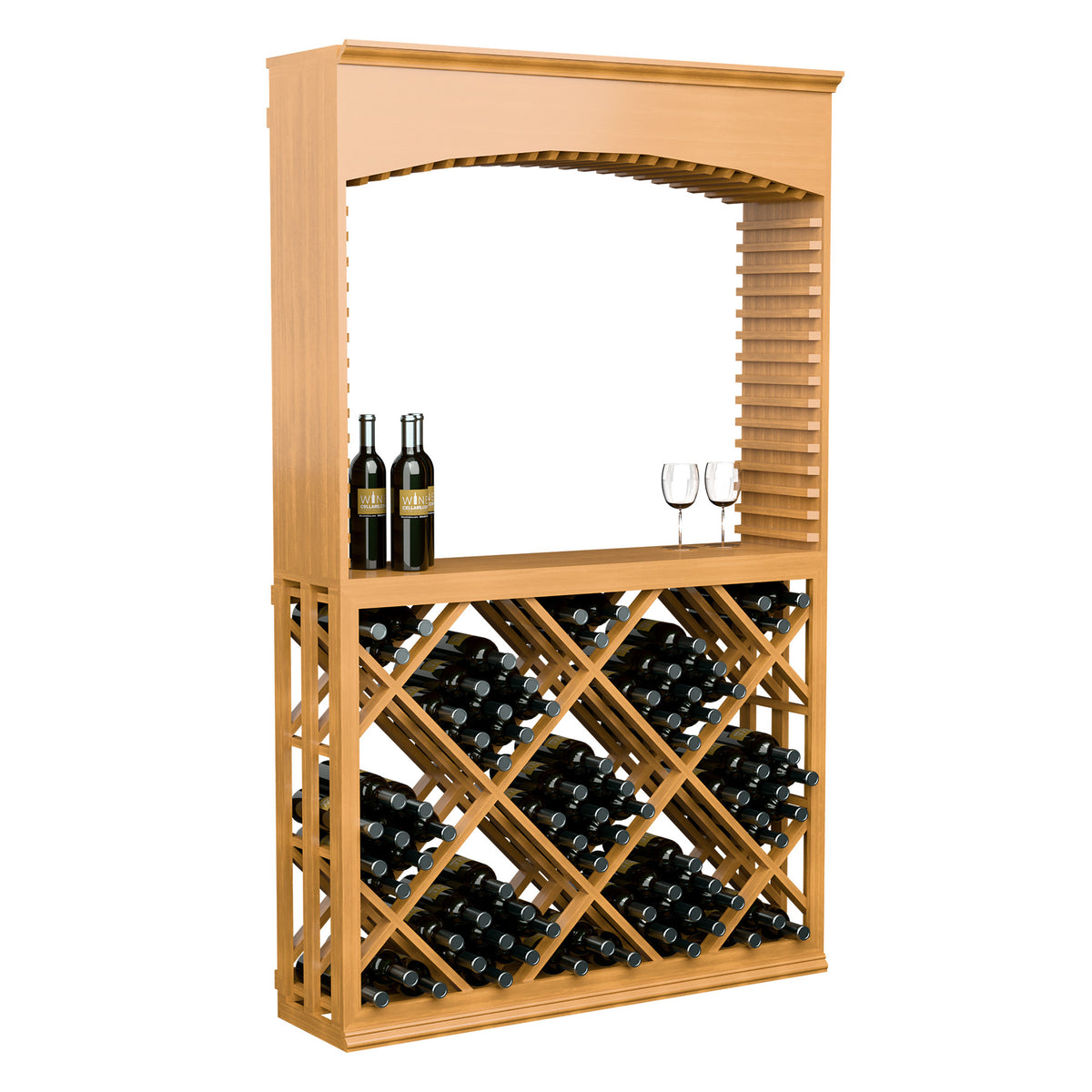 Light wood lattice diamond wine bin tasting station with arched opening and bottle storage
