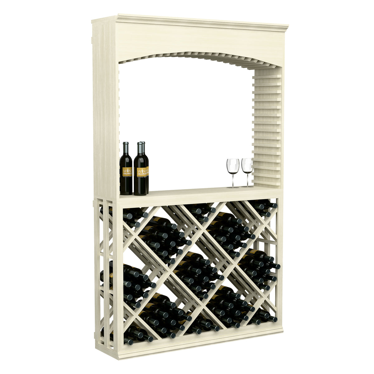 White wood lattice diamond wine bin tasting station with archway, bottles and glass holders