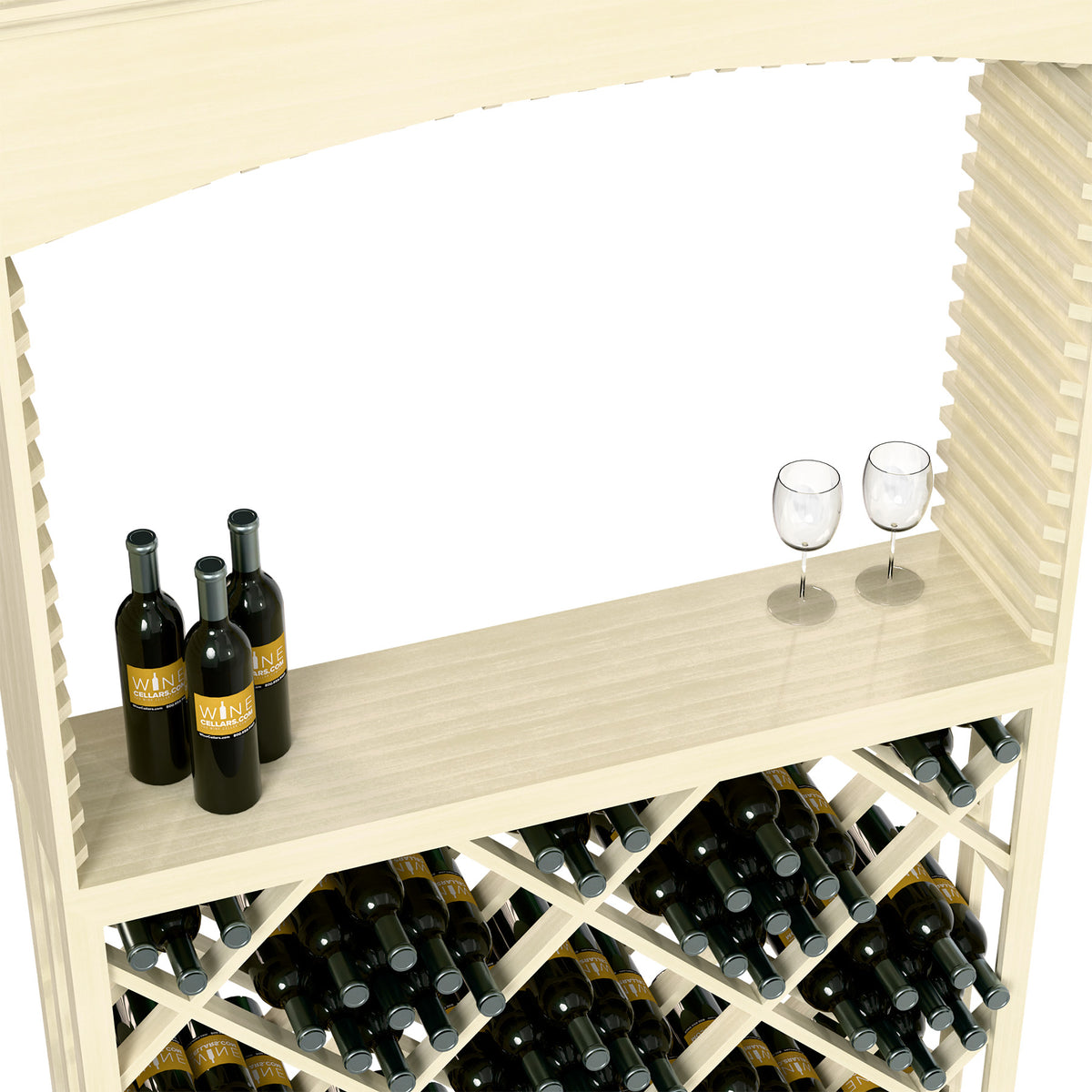 Close-up of white wood tasting station shelf with wine bottles, stemware, and bottle rack