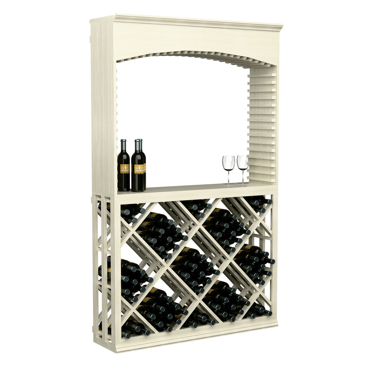 White wood lattice diamond wine bin tasting station with arched opening and bottle storage