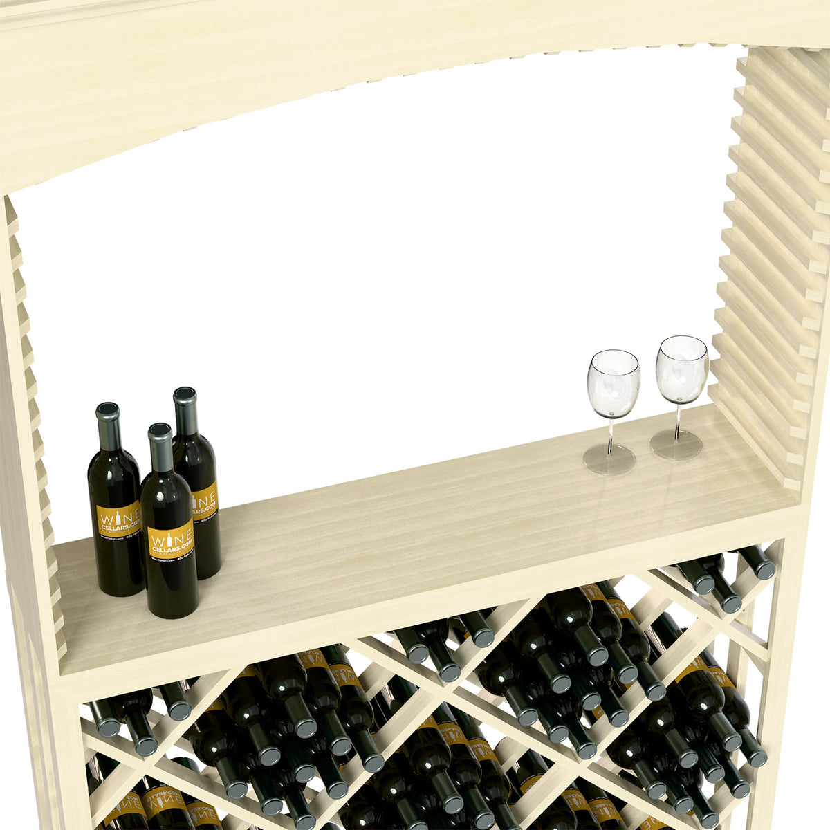 Close-up of white wood tasting station shelf with wine bottles and stemware above bottle rack