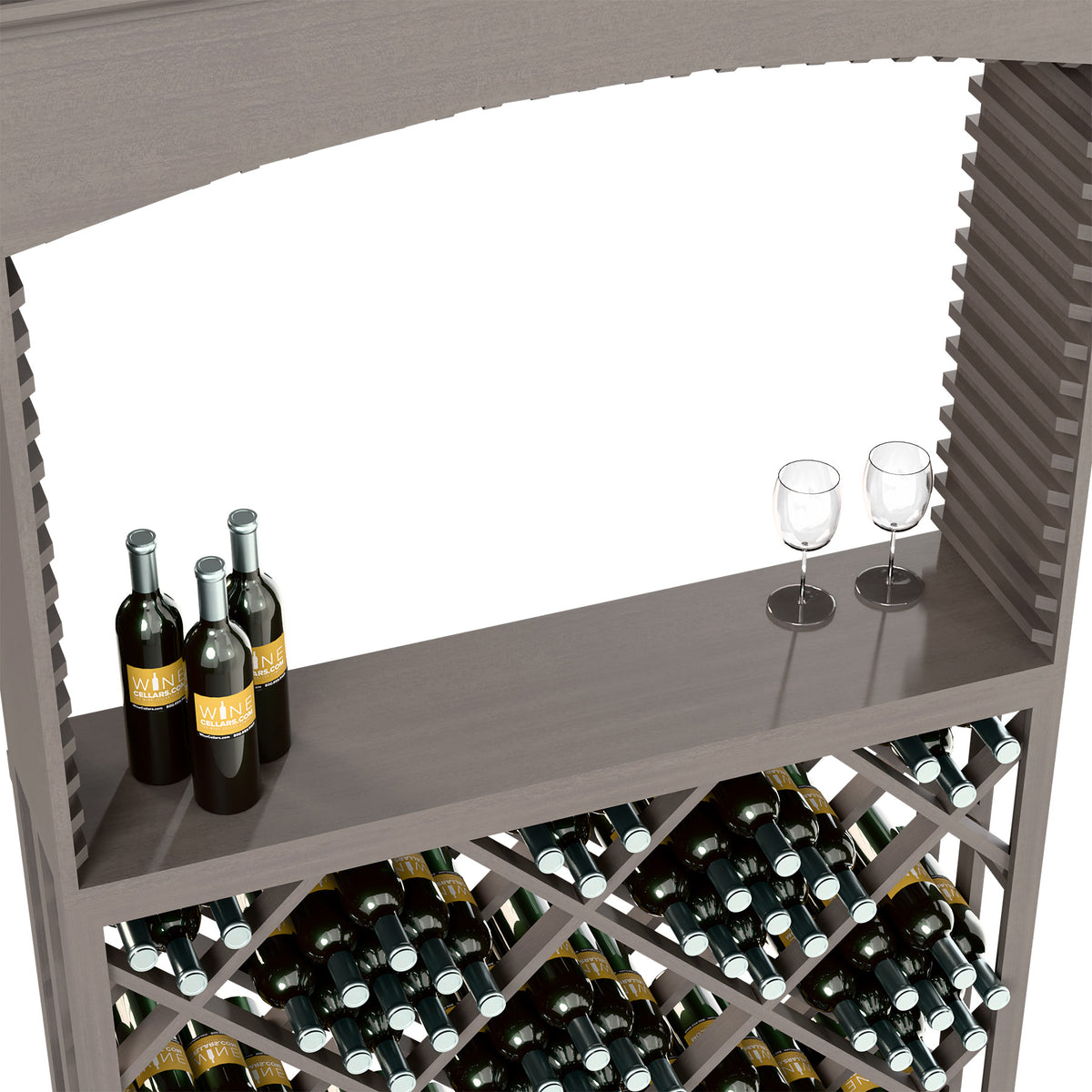 Archway wine tasting station with top shelf, wine bottles, and two glass holders.