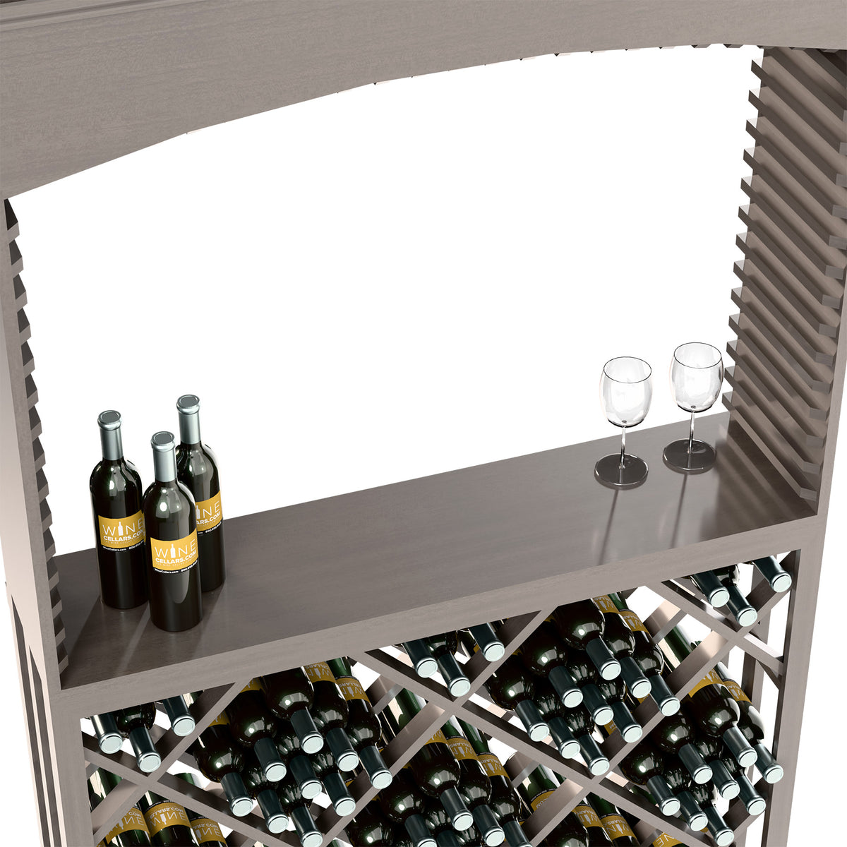 Archway wine tasting station with bottles on shelf and two glass holders above the bin.