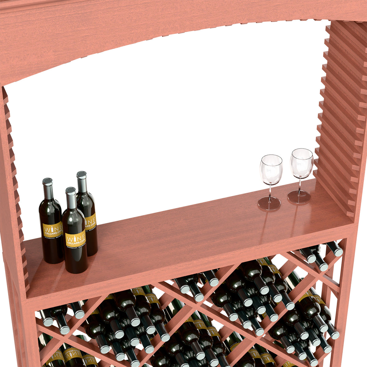 Archway wine tasting station with bottles on shelf and two glass holders above bottle storage.
