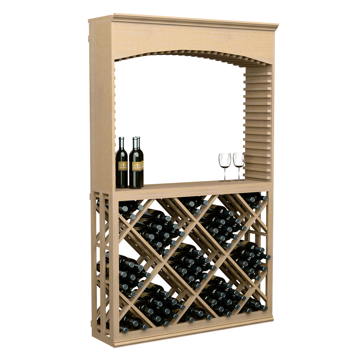 Light wood wine tasting station with archway, diamond lattice bottle bin, and display shelf.
