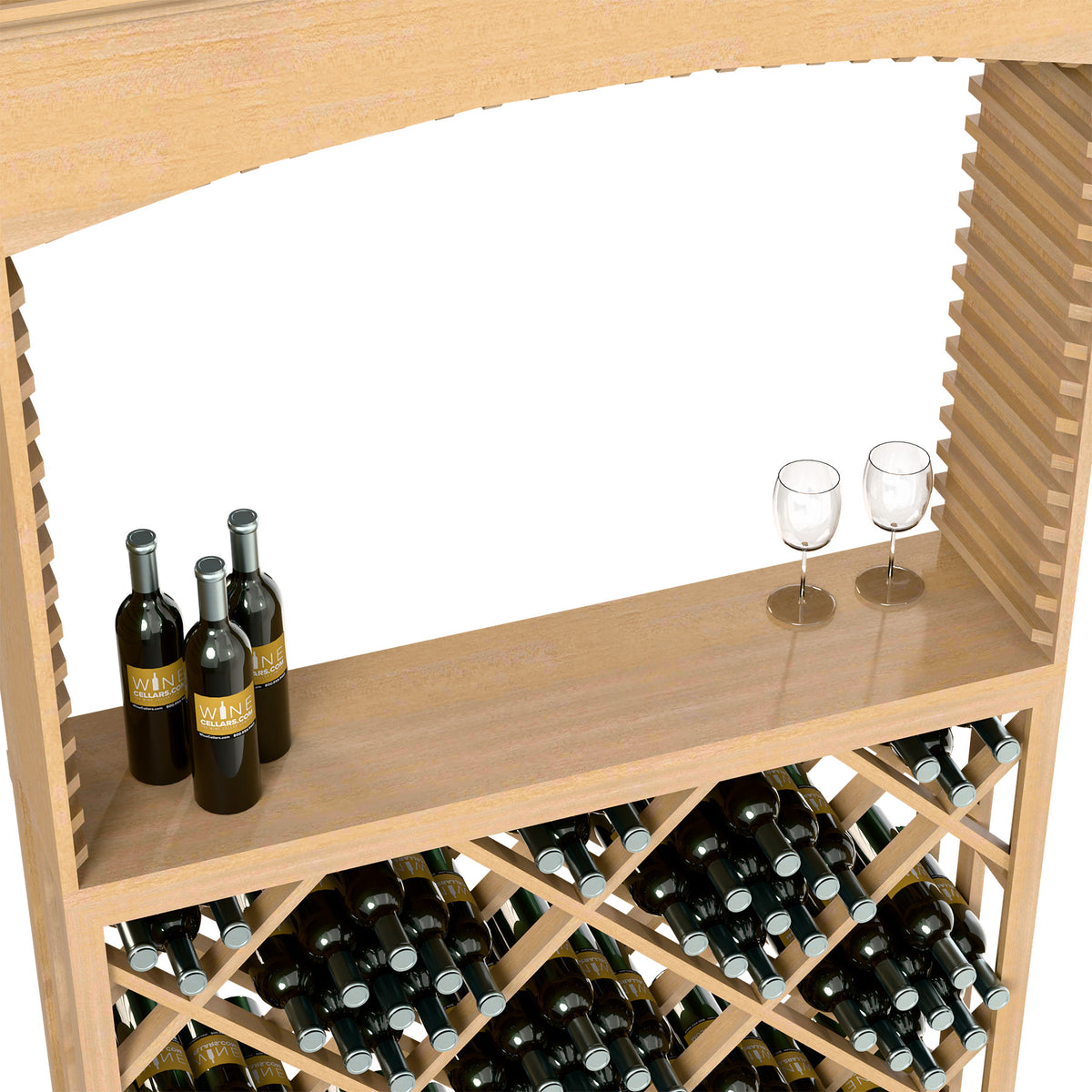 Archway wine tasting station with bottles on shelf, two glasses, and diamond lattice bottle bin.