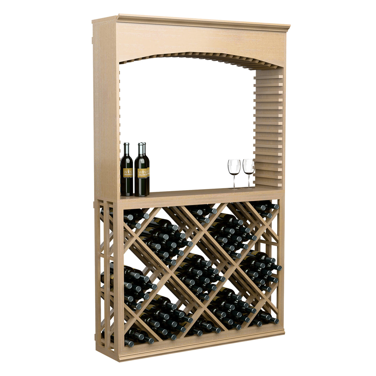 Natural wood wine tasting station with archway, lattice bottle storage, and top shelf