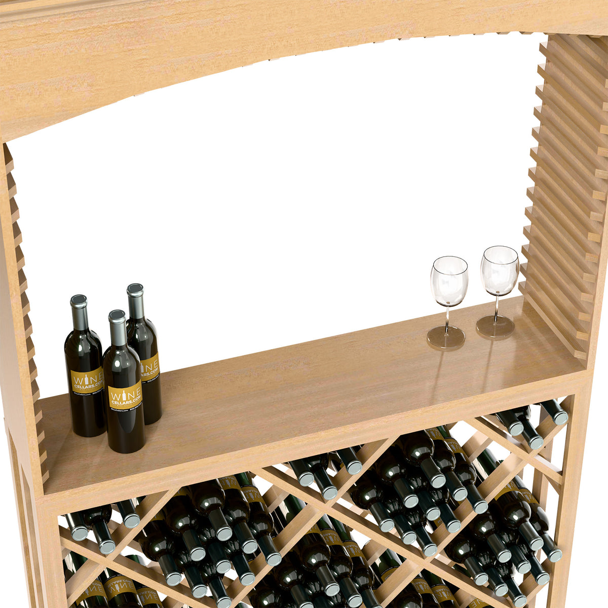 Natural wood arch wine display with top shelf, two glasses, and wine bottles in lattice