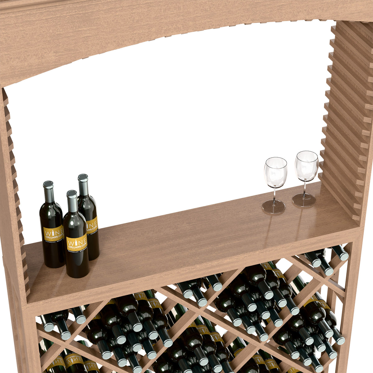 Natural wood archway wine station with top shelf, glasses, and crisscross bottle rack
