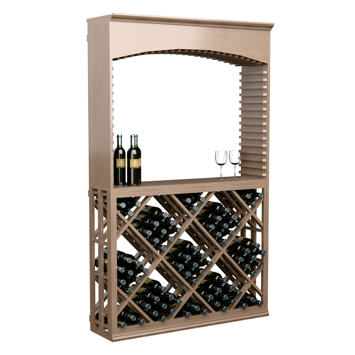 Natural wood wine tasting station with archway and lattice wine bottle storage, top shelf
