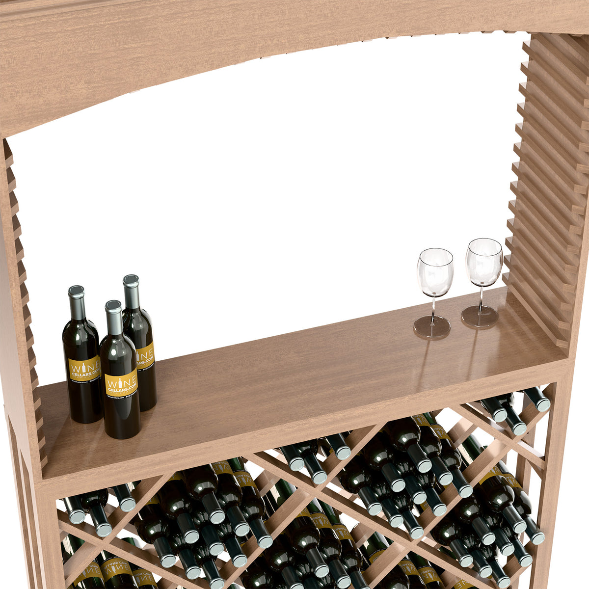 Natural wood arch wine display with top shelf, two glasses, and wine bottles in bottle rack