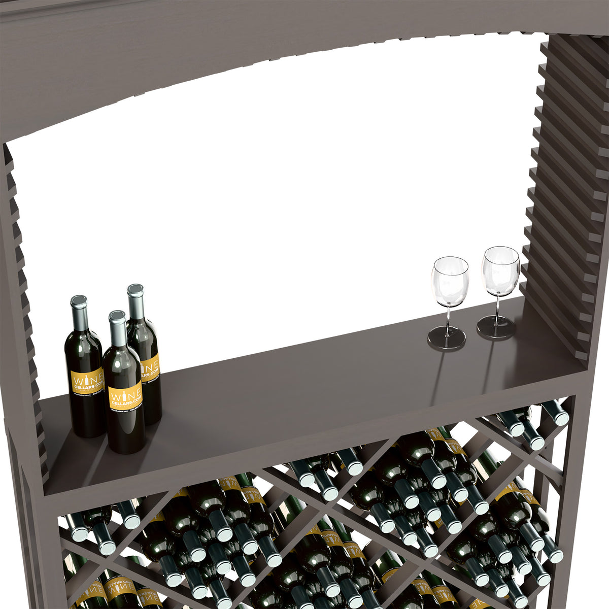 Dark wood arch wine display with top shelf, two glasses, and wine bottles in lattice