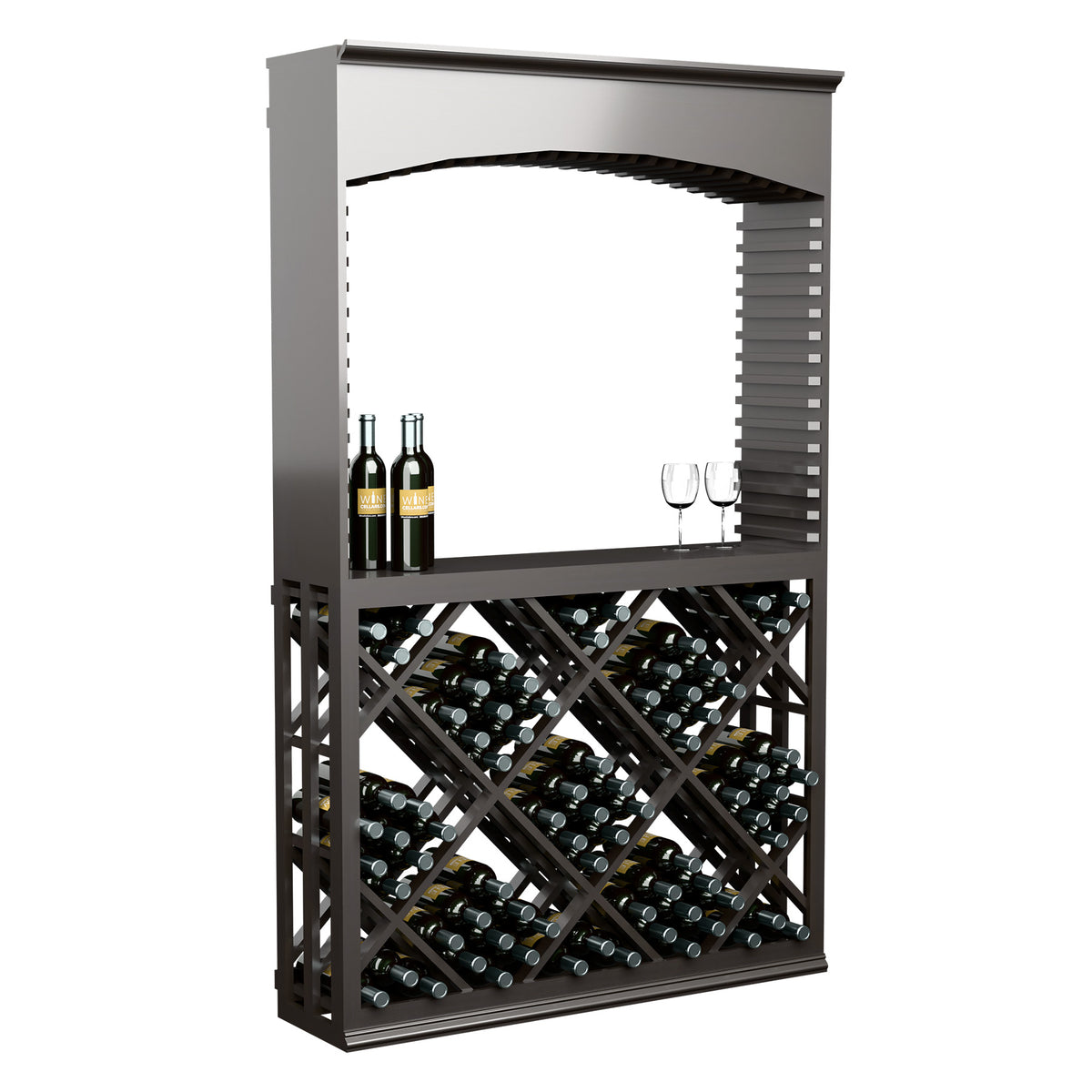 Dark wood wine tasting station front view with archway and crisscross wine bottle storage