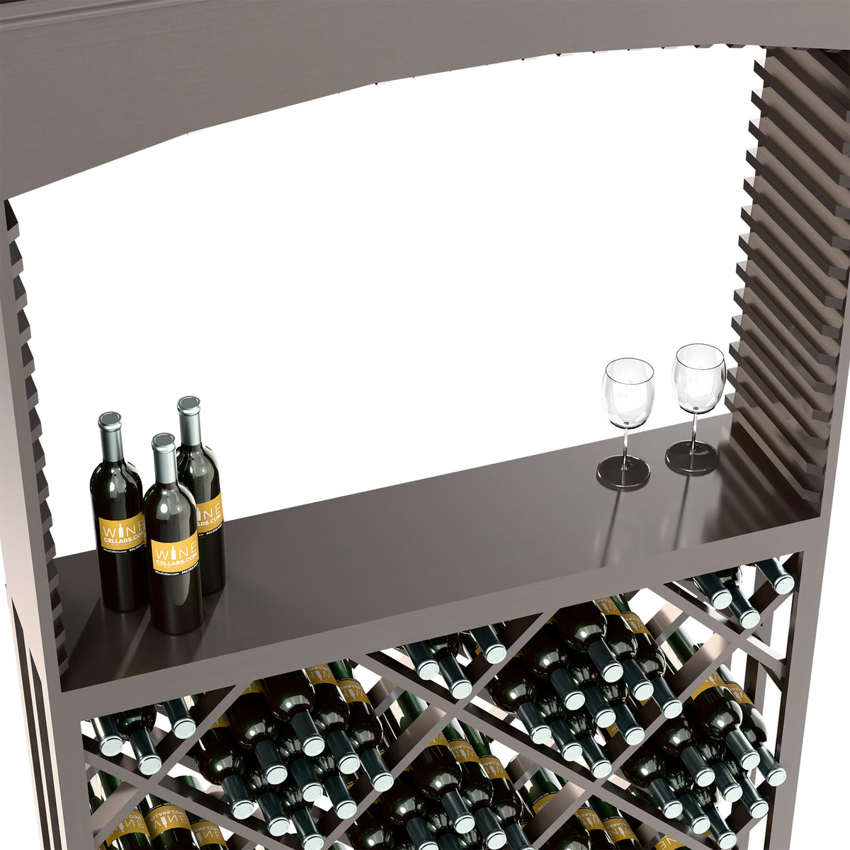Dark wood arch wine display with top shelf, glasses, and wine bottles in lattice rack