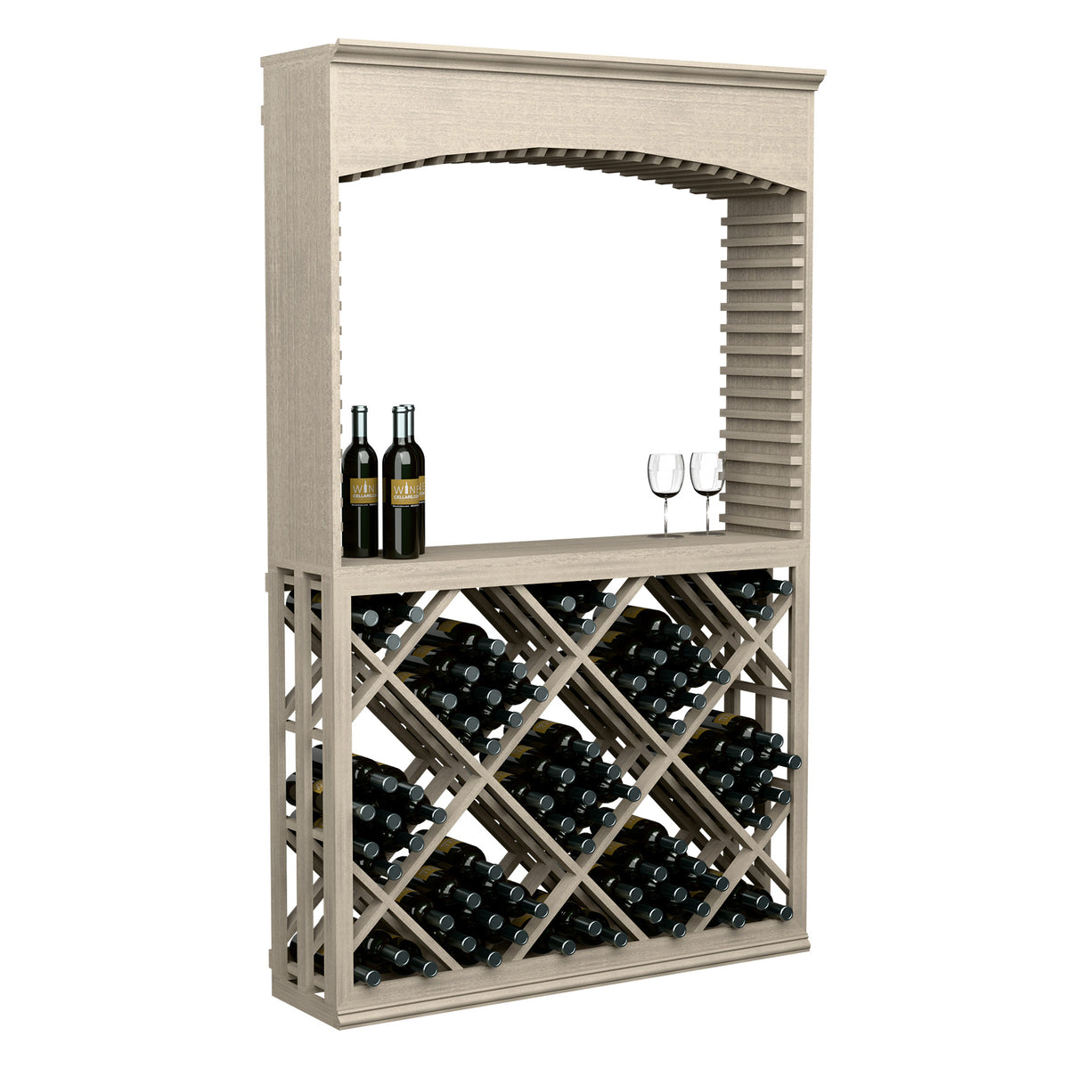 Lattice diamond wine tasting station with arch, holding bottles and wine rack storage.