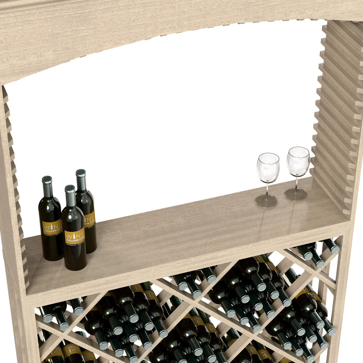 Lattice diamond wine rack tasting station with bottle slots and glass holders on top.