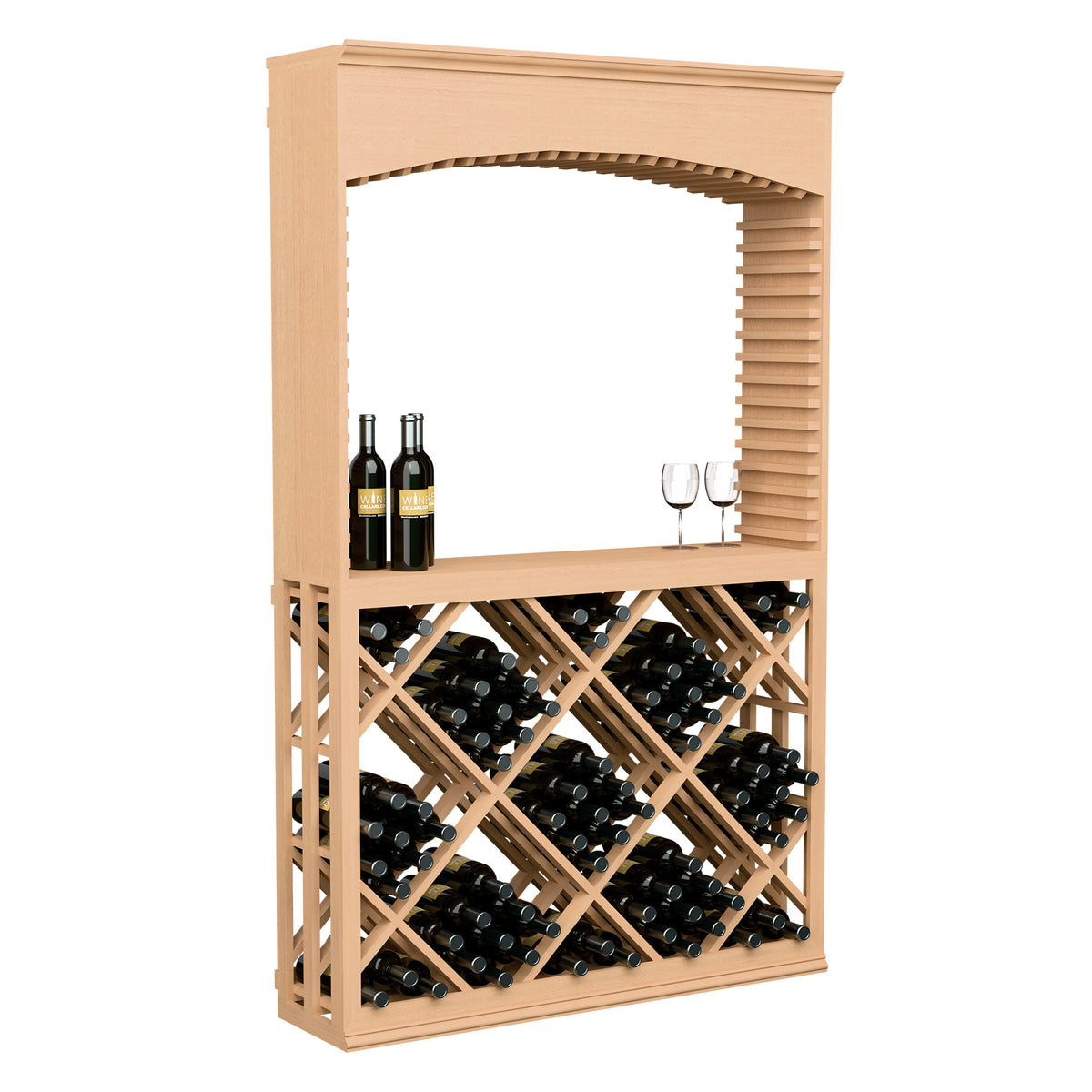 Lattice diamond wine tasting station with archway in light wood tones and front bottle storage.