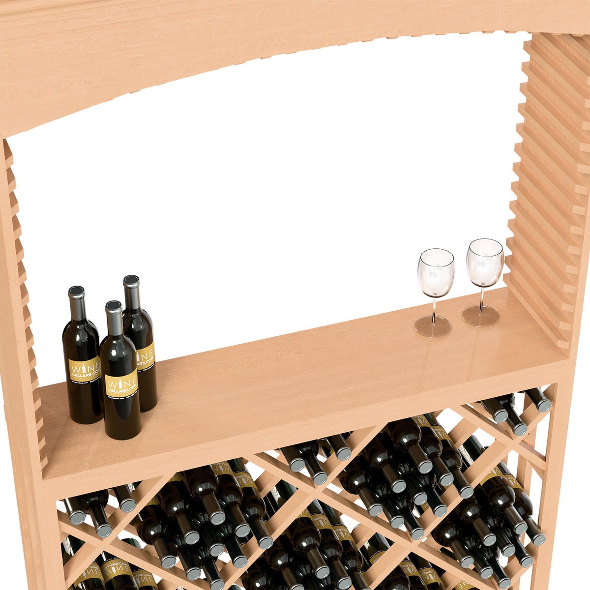 Lattice diamond wine tasting station with light wood shelf, bottle slots, and two stemless glasses.