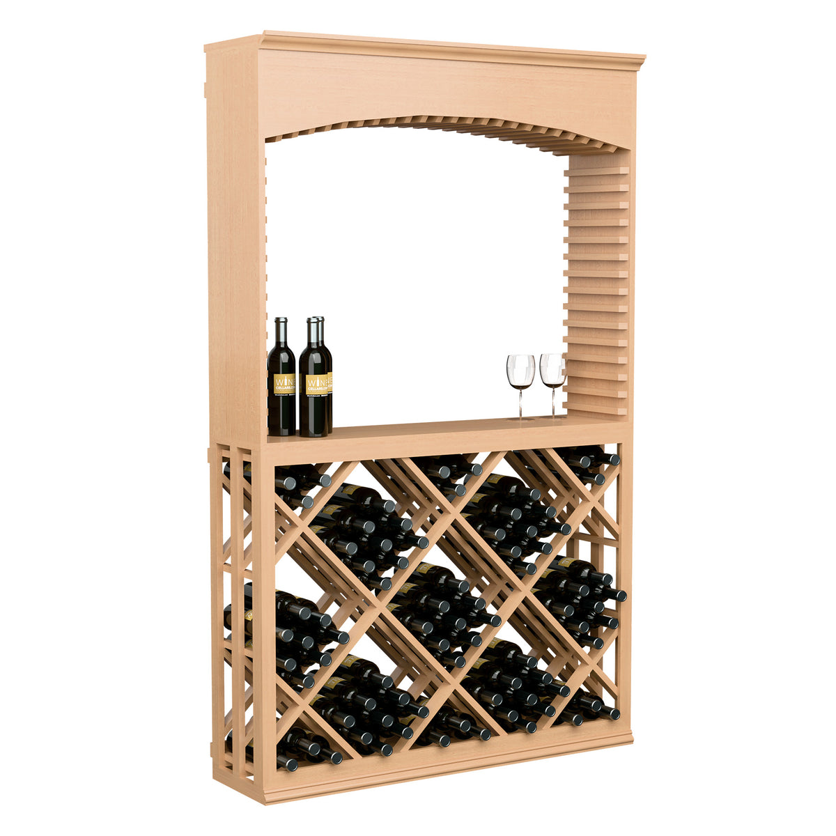 Lattice diamond wine tasting station with archway and front cross-lattice bottle storage.