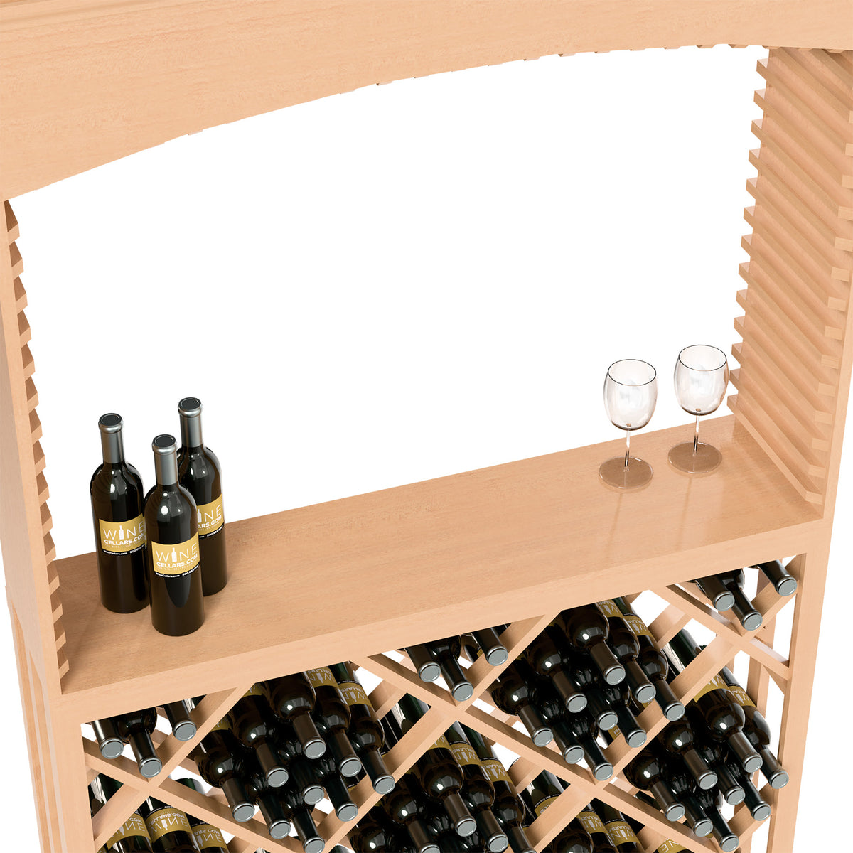 Lattice diamond wine rack tasting station with light wood top shelf, bottles, and two wine glasses.
