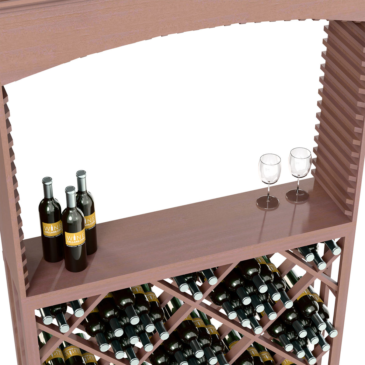 Lattice diamond wine tasting station with dark stained top shelf, bottles, and two wine glasses.