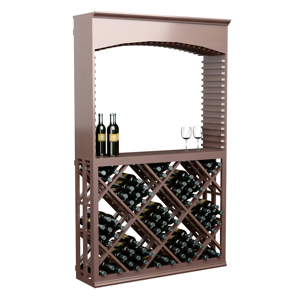 Lattice diamond wine tasting station with archway, dark wood finish and bottle storage