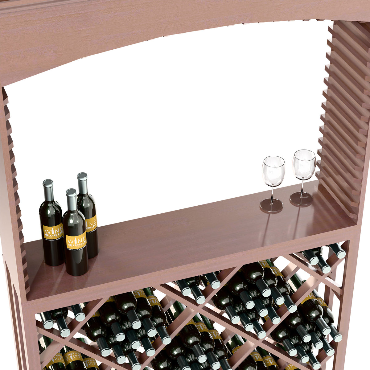 Archway wine tasting bar with wine bottles and two stemless glasses on a dark wood shelf