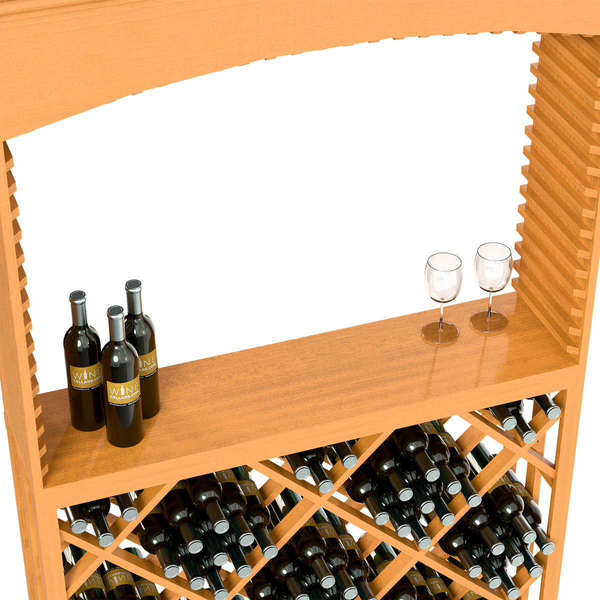 Archway wine tasting bar with wine bottles and two stemless glasses on a light wood shelf