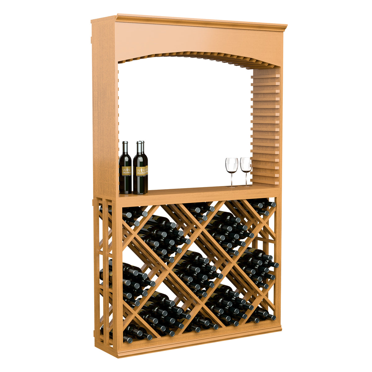 Freestanding lattice diamond wine tasting station with archway and light wood bottle rack