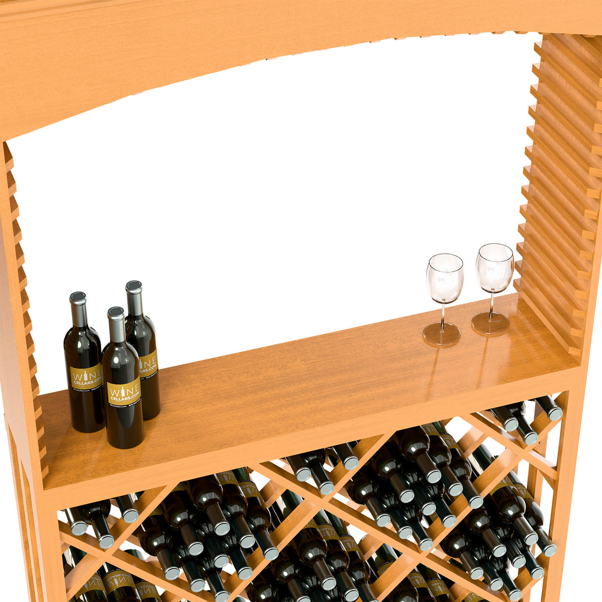 Archway wine tasting bar showing wine bottles on the shelf and bottles in the lattice rack
