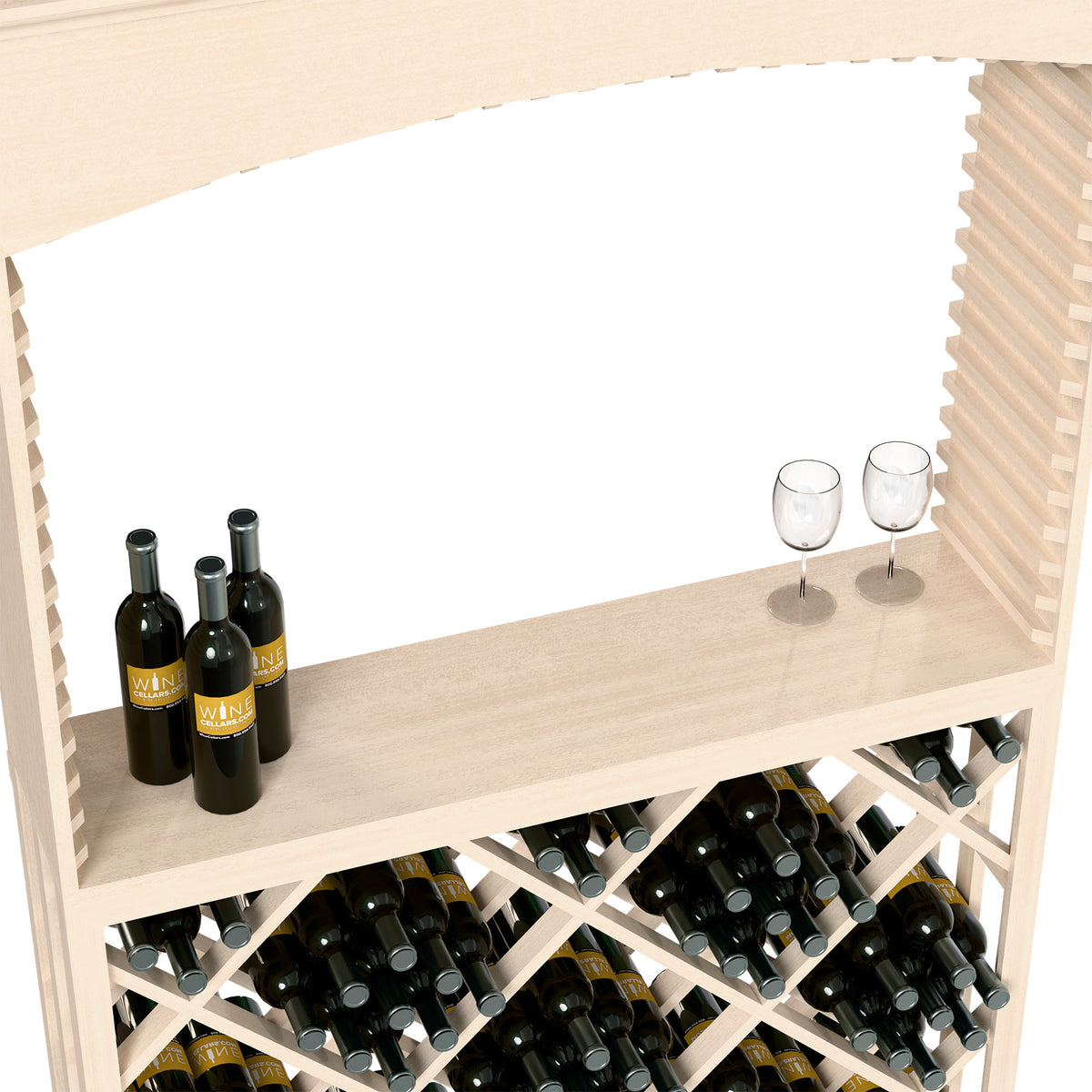 Archway wine tasting bar with bottles on the shelf and two stemless glasses on posts