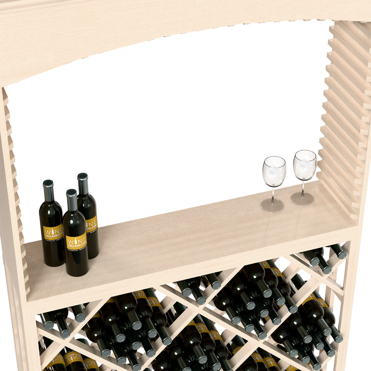 Archway wine tasting bar with wine bottles on the shelf and bottles in the lower rack