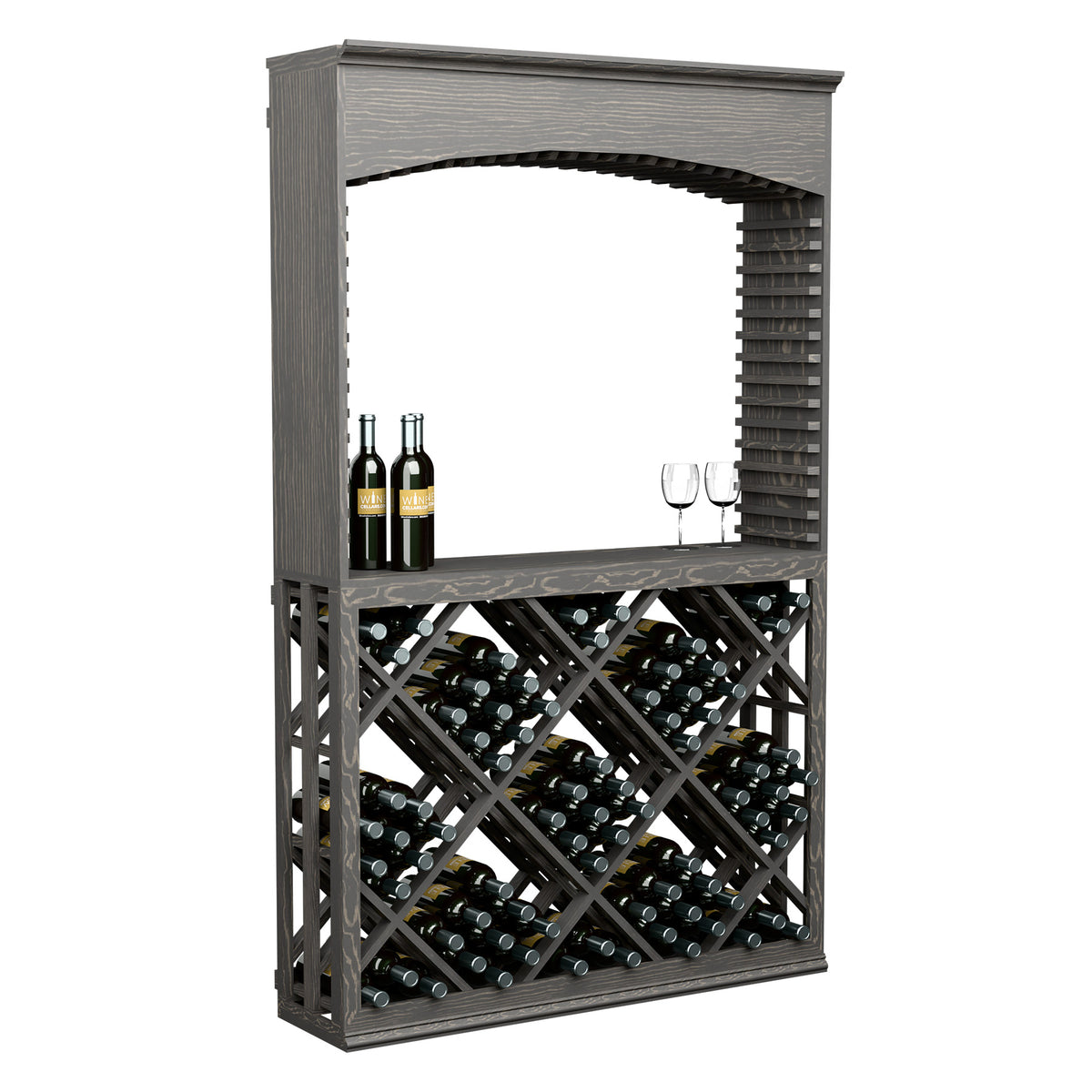 Dark grey arched wine tasting station with lattice diamond bottle racks and bottles