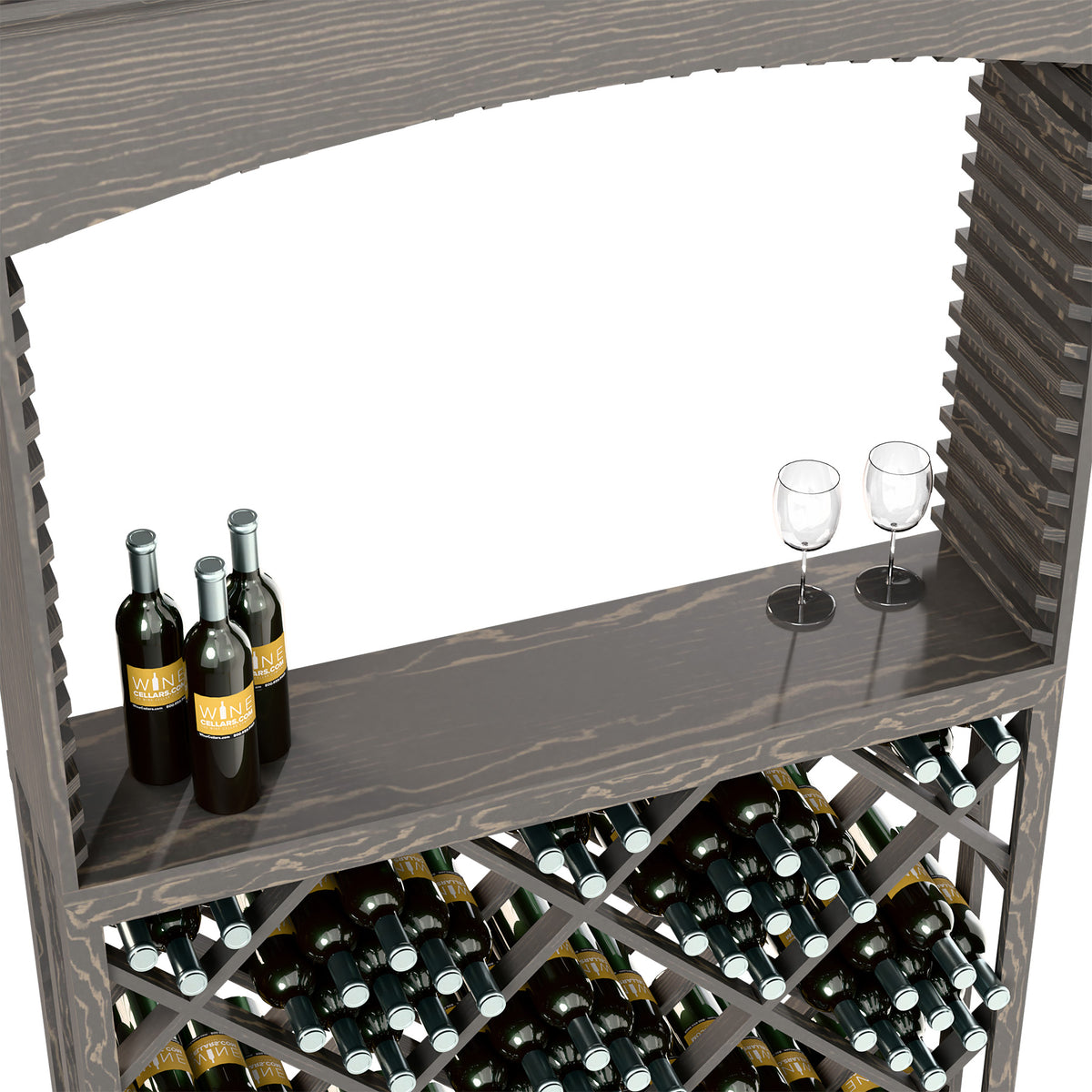 Close view of dark grey wine tasting station shelf with wine bottles, glasses, and bottle storage