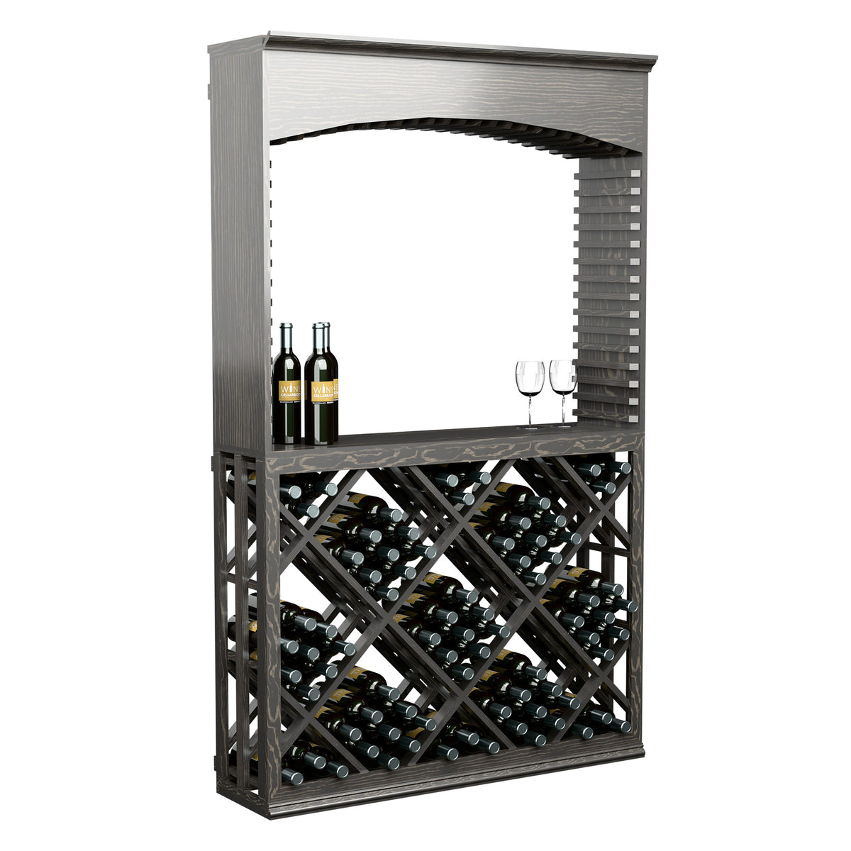 Dark grey arched wine station with lattice diamond front and filled wine bottle rack