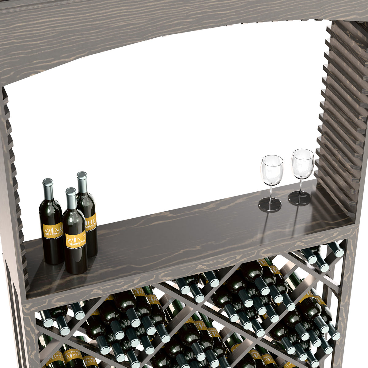 Close view of dark grey wine shelf with bottles, two glasses, and lattice bottle storage