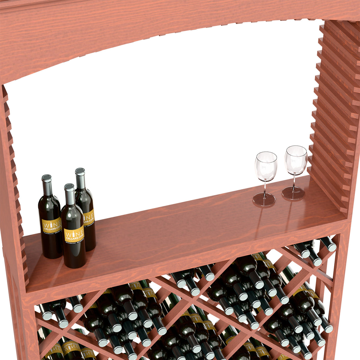 Close view of red wood wine tasting station shelf with bottles, glasses, and bottle storage
