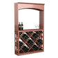Red wood arched wine station with lattice diamond front and filled wine bottle rack