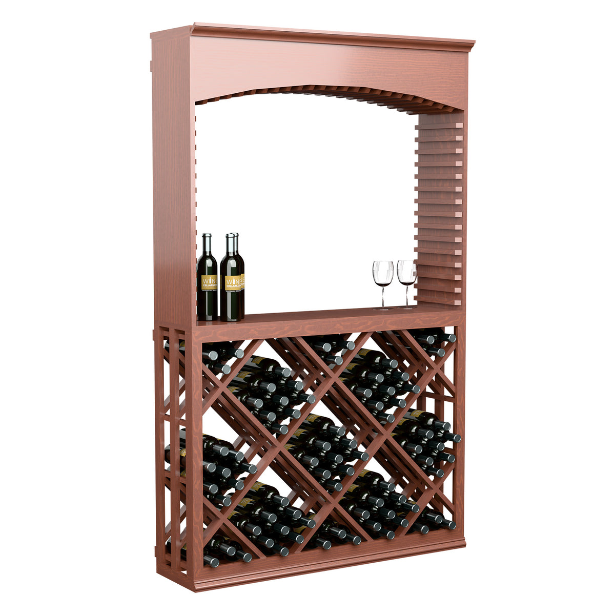 Red wood arched wine station with lattice diamond front and filled wine bottle rack