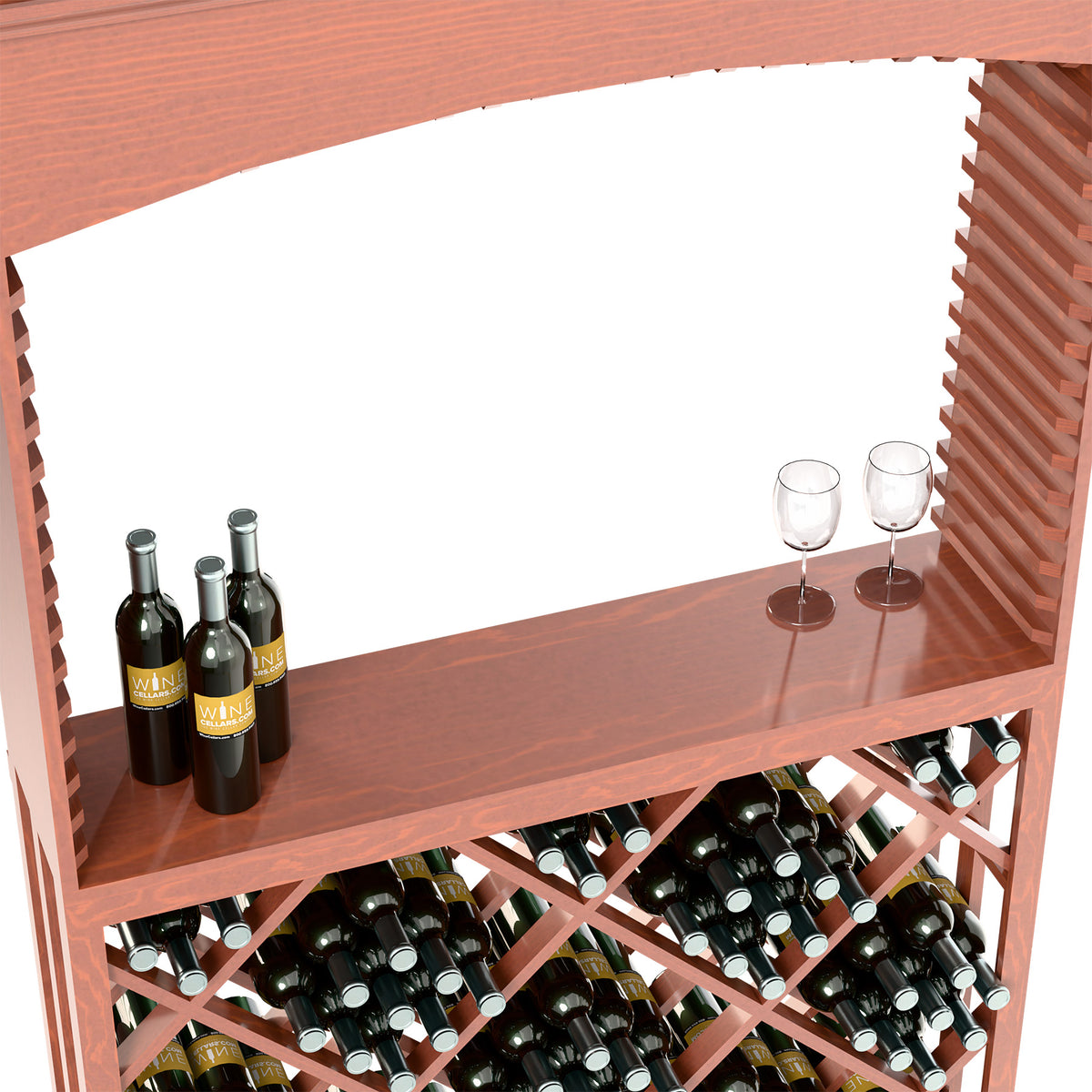 Close view of red wood wine shelf with bottles, two glasses, and lattice bottle storage