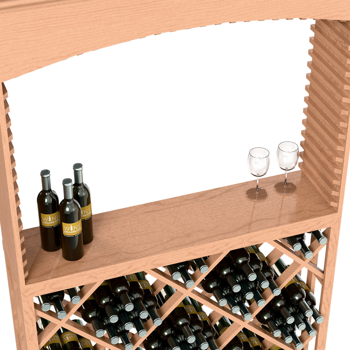 Close view of light red wood wine shelf with bottles, glasses, and lattice bottle storage