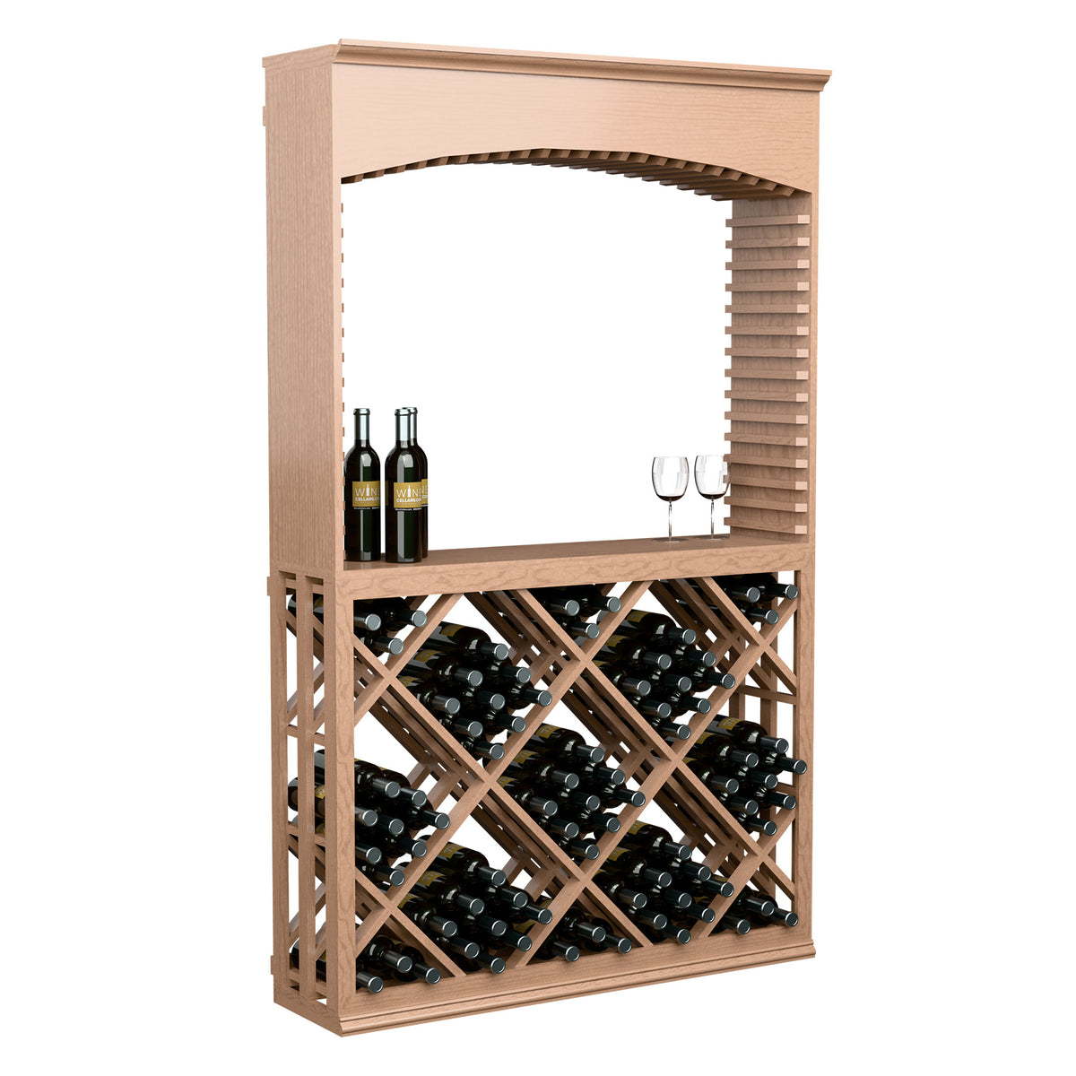 Light wood wine tasting station with archway and diamond lattice bin holding black bottles.