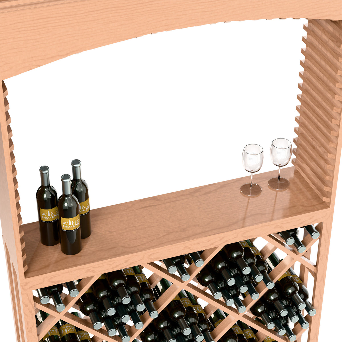 Light wood wine station close-up: top shelf with bottles and glasses, diamond lattice rack.