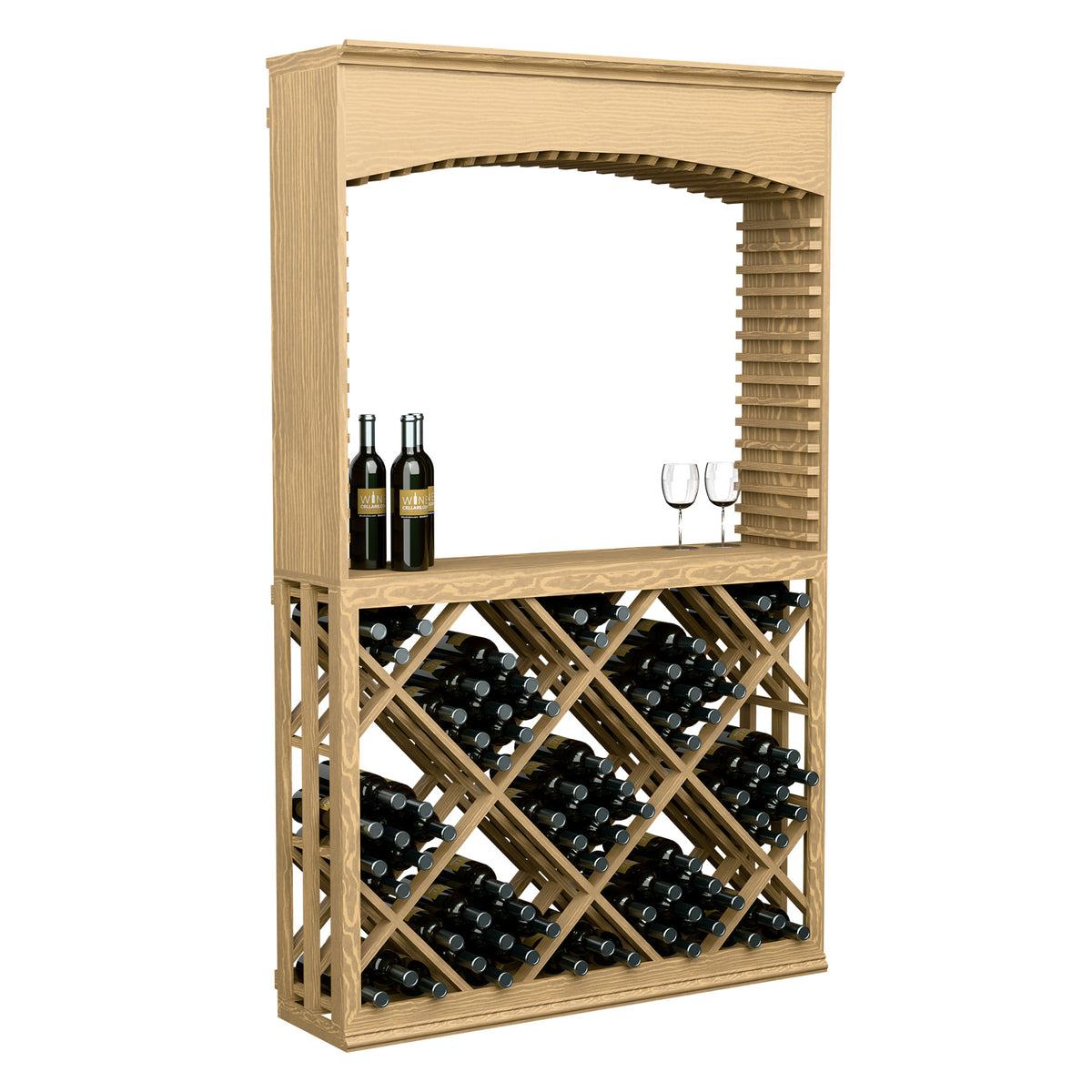 Light wood archway wine tasting station with diamond lattice wine bin and bottles on shelf.